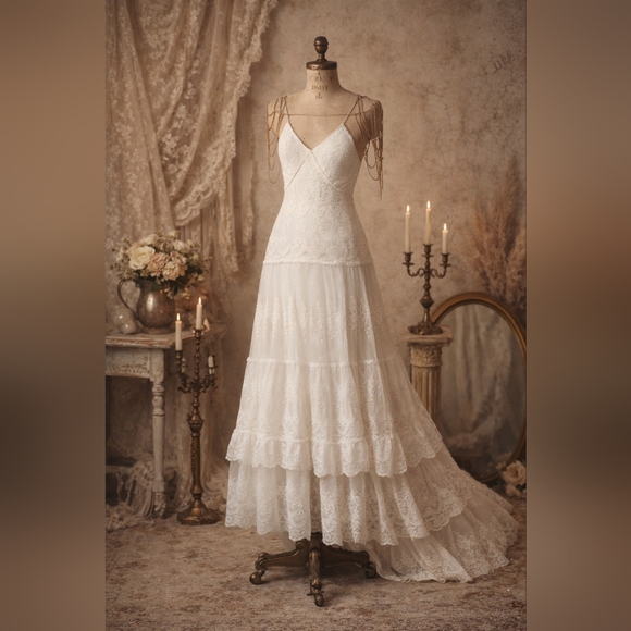 Spell Dresses & Skirts - Vintage-Inspired Lace Bridal Gown | Boho Spaghetti Strap Wedding Dress | Size Sm